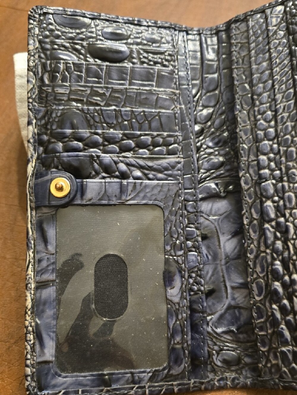 Brahmin Metallic Gray And Blue Croc-Embossed Wallet with Gold Plate - Picture 10 of 16